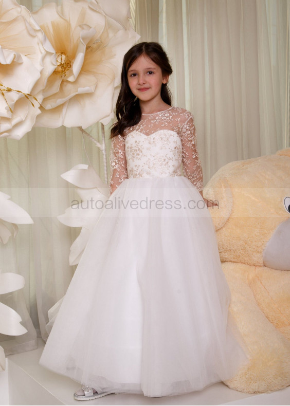Champagne Lace Ivory Tulle Heart Shaped Back Flower Girl Dress